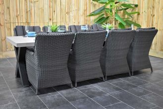 Norwich Tafel 300 Polystone Stalen Kruispoten met 8 Avalon Dining Tuinstoelen Rock Grey WINTER AANBIEDING