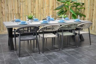 Norwich Tafel 300 Polystone Stalen Kruispoten met 8 Barge Rope Dining Tuinstoelen Anthracite, Faded Sand en Olive Green B-KEUS