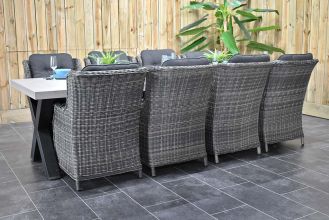 Norwich Tafel 300 Polystone Stalen Kruispoten met 8 Darwin Dining Tuinstoelen Kobo Grey WINTER AANBIEDING
