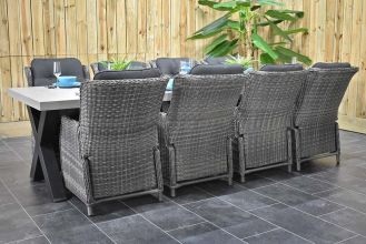 Norwich Tafel 300 Polystone Stalen Kruispoten met 8 Darwin Verstelbare Dining Tuinstoelen Kobo Grey WINTER AANBIEDING