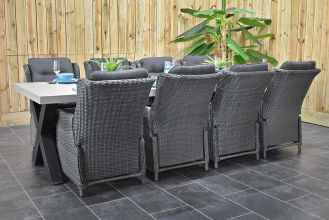Norwich Tafel 300 Polystone Stalen Kruispoten met 8 Darwin Verstelbare Dining Tuinstoelen Rock Grey WINTER AANBIEDING