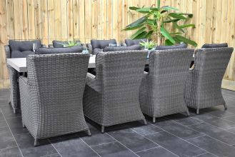 Norwich Tafel 300 Polystone Stalen Kruispoten met 8 Delano Dining Tuinstoelen Natural Grey WINTER AANBIEDING