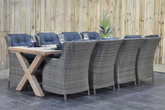 Norwich Tafel 300 Teak Natural met 8 Darwin Dining Tuinstoelen Kobo Grey