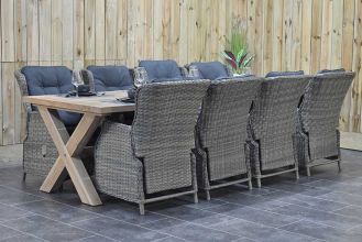 Norwich Tafel 300 Teak Natural met 8 Darwin Verstelbare Dining Tuinstoelen Kobo Grey