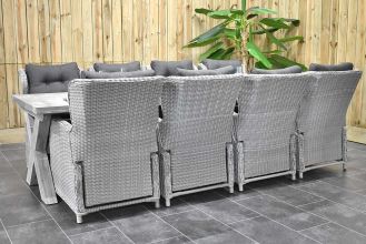 Norwich Tafel 300 Vintage Antique Grey met 8 Barcelona Verstelbare Dining Tuinstoelen Light Kobo Grey SHOWROOMMODEL