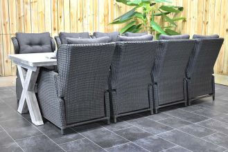 Norwich Tafel 300 Vintage Antique Grey met 8 Barcelona Verstelbare Dining Tuinstoelen Rock Grey SHOWROOMMODEL