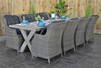 Norwich Tafel 300 Vintage Antique Grey met 8 Darwin Dining Tuinstoelen Kobo Grey