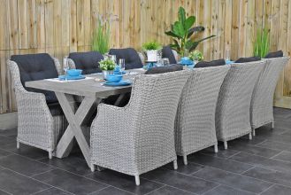 Norwich Tafel 300 Vintage Antique Grey met 8 Darwin Dining Tuinstoelen Light Kobo Grey