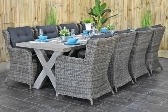 Norwich Tafel 300 Vintage Antique Grey met 8 Delano Dining Tuinstoelen Kobo Grey