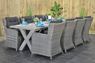 Norwich Tafel 300 Vintage Antique Grey met 8 Delano Dining Tuinstoelen Natural Grey SHOWROOMMODEL