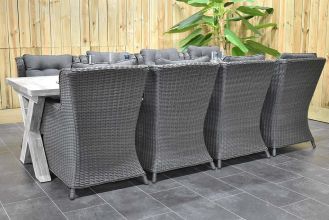 Norwich Tafel 300 Vintage Antique Grey met 8 Delano Dining Tuinstoelen Rock Grey SHOWROOMMODEL