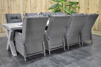 Norwich Tafel 300 Vintage Antique Grey met 8 Marling Verstelbare Dining Tuinstoelen Natural Grey SHOWROOMMODEL