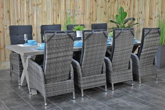 Norwich Tafel 300 Vintage Antique Grey met 8 Menorca Verstelbare Dining Tuinstoelen Two Tone Grey