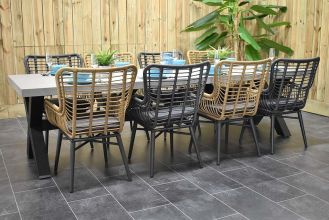 Norwich Tafel 300 Polystone Stalenkruispoten met 8 Alba Dining Tuinstoelen Bamboo en Rock Grey WINTER AANBIEDING