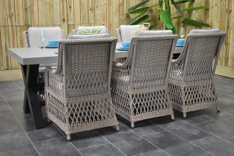 Norwich Tafel 250 Polystone Stalen Kruispoten met 6 Toscane Dining Tuinstoelen Faded Sand Brown WINTER AANBIEDING