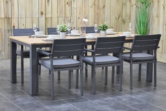 Oxford Tafel 220 Teak Dark Grey met 6 Bolton Dining Tuinstoelen Dark Grey WINTER AANBIEDING