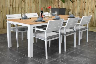 Oxford Tafel 220 Teak met 6 Bolton Aluminium Dining Tuinstoelen Stapelbaar White SHOWROOMMODEL