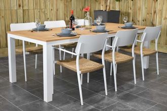 Oxford Tafel 220 Teak met 6 Chester Aluminium Dining Tuinstoelen White SHOWROOMMODEL