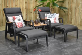 Parga Aluminium Rope Teak Loungeset 2 Lounge Tuinstoelen Laag Tafeltje met Hockers Black SHOWROOMMODEL