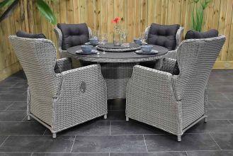 Rio Ronde Tafel 130 Spraystone met 4 Barcelona Verstelbare Dining Tuinstoelen Light Kobo Grey