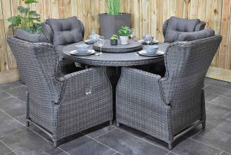 Rio Ronde Tafel 130 Spraystone met 4 Barcelona Verstelbare Dining Tuinstoelen Rock Grey