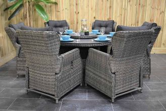 Rio Ronde Tafel 150 Spraystone met 6 Barcelona Verstelbare Dining Tuinstoelen Kobo Grey