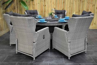 Rio Ronde Tafel 150 Spraystone met 6 Barcelona Verstelbare Dining Tuinstoelen Light Kobo Grey