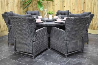 Rio Ronde Tafel 150 Spraystone met 6 Barcelona Verstelbare Dining Tuinstoelen Rock Grey