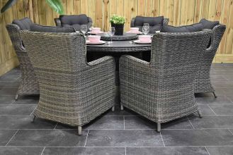 Rio Ronde Tafel 150 Spraystone met 6 Delano Dining Tuinstoelen Kobo Grey