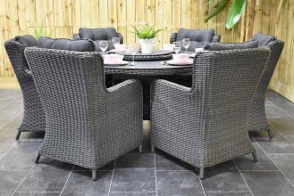 Rio Ronde Tafel 150 Spraystone met 6 Delano Dining Tuinstoelen Rock Grey
