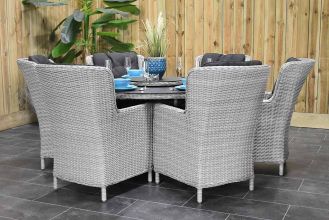 Rio Ronde Tafel 150 Spraystone met 6 Marina Dining Tuinstoelen Light Kobo Grey SHOWROOMMODEL