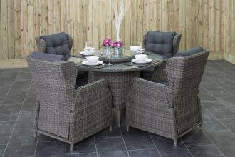 Rio Ronde Tafel 130 met 4 Barcelona Verstelbare Dining Tuinstoelen Kobo Grey