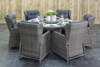 Rio Ronde Tafel 150 met 6 Barcelona Verstelbare Dining Tuinstoelen Kobo Grey