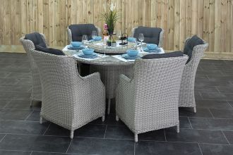Rio Ronde Tafel 150 met 6 Darwin Dining Tuinstoelen Light Kobo Grey SHOWROOMMODEL