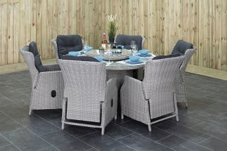 Rio Ronde Tafel 150 met 6 Darwin Verstelbare Dining Tuinstoelen Light Kobo Grey SHOWROOMMODEL