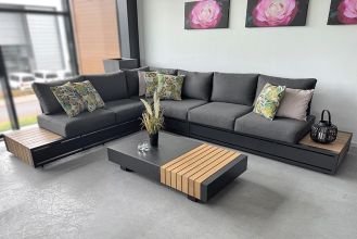 Santorini Loungeset Hoekbank Athene Lage Tafel Aluminium Teak Black SHOWROOMMODEL