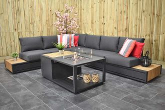 Santorini Loungeset Hoekbank Vuurtafel Aluminium Teak Black WINTER AANBIEDING