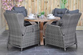 Surakarta Ronde Tafel 120 Teak Natural met 4 Barcelona Verstelbare Dining Tuinstoelen Kobo Grey