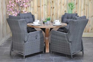 Surakarta Ronde Tafel 120 Teak Natural met 4 Barcelona Verstelbare Dining Tuinstoelen Rock Grey