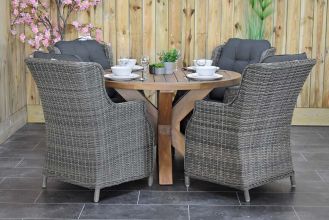 Surakarta Ronde Tafel 120 Teak Natural met 4 Darwin Dining Tuinstoelen Kobo Grey