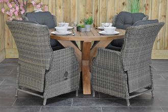 Surakarta Ronde Tafel 120 Teak Natural met 4 Darwin Verstelbare Dining Tuinstoelen Kobo Grey