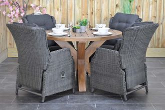 Surakarta Ronde Tafel 120 Teak Natural met 4 Darwin Verstelbare Dining Tuinstoelen Rock Grey