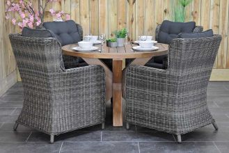 Surakarta Ronde Tafel 120 Teak Natural met 4 Delano Dining Tuinstoelen Kobo Grey