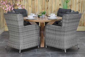 Surakarta Ronde Tafel 120 Teak Natural met 4 Delano Dining Tuinstoelen Natural Grey