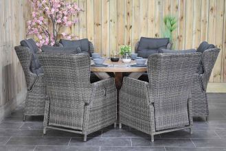 Surakarta Ronde Tafel 150 Teak Natural met 6 Barcelona Verstelbare Dining Tuinstoelen Kobo Grey