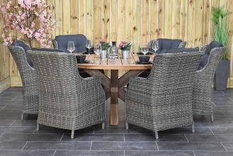 Surakarta Ronde Tafel 150 Teak Natural met 6 Darwin Dining Tuinstoelen Kobo Grey
