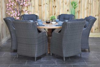 Surakarta Ronde Tafel 150 Teak Natural met 6 Darwin Dining Tuinstoelen Rock Grey