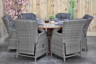 Surakarta Ronde Tafel 150 Teak Natural met 6 Darwin Verstelbare Dining Tuinstoelen Kobo Grey