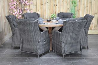 Surakarta Ronde Tafel 150 Teak Natural met 6 Darwin Verstelbare Dining Tuinstoelen Rock Grey