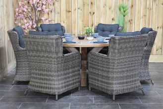 Surakarta Ronde Tafel 150 Teak Natural met 6 Delano Dining Tuinstoelen Kobo Grey